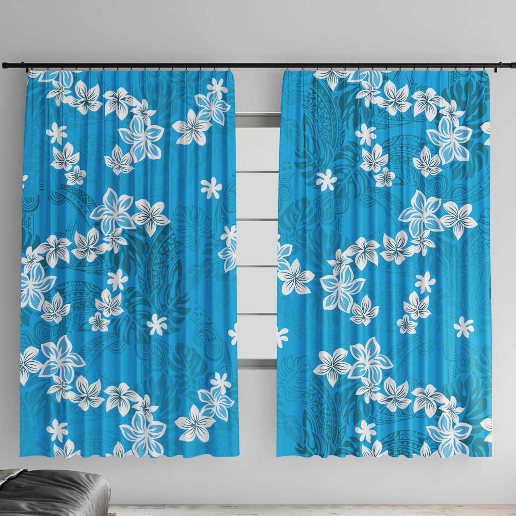 Hawaii Monstera Deliciosa Window Curtain Blue Plumeria Polynesian Pattern - Polynesian Pride