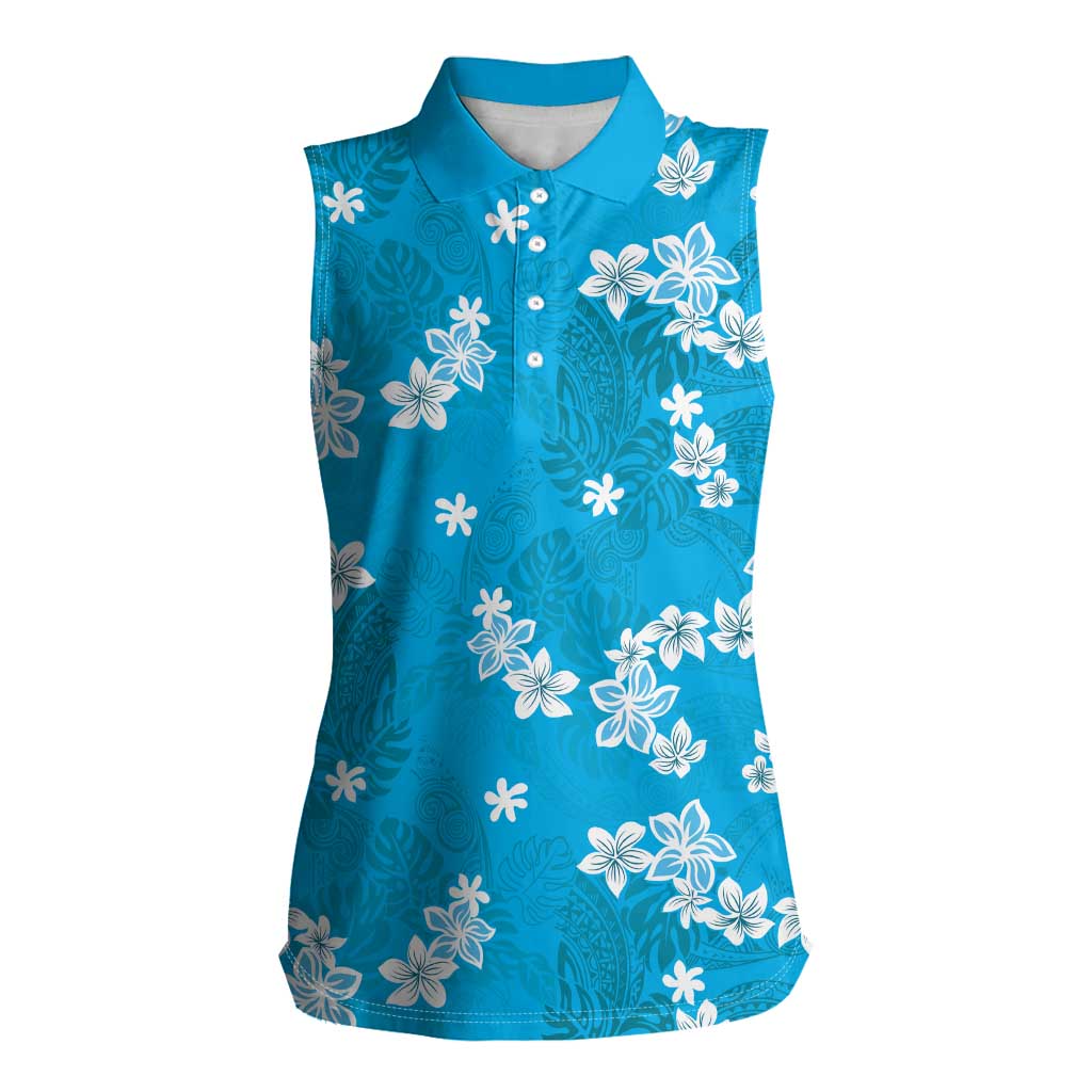 Hawaii Monstera Deliciosa Women Sleeveless Polo Shirt Blue Plumeria Polynesian Pattern LT05 Female Blue - Polynesian Pride