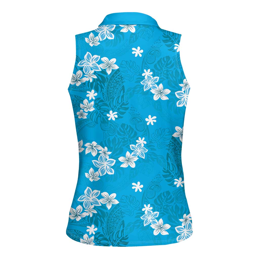 Hawaii Monstera Deliciosa Women Sleeveless Polo Shirt Blue Plumeria Polynesian Pattern LT05 - Polynesian Pride
