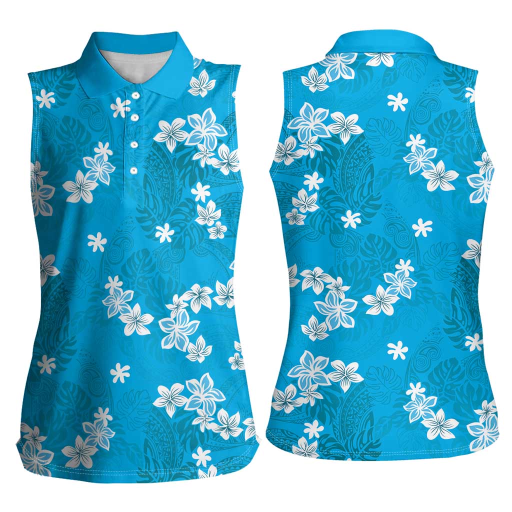 Hawaii Monstera Deliciosa Women Sleeveless Polo Shirt Blue Plumeria Polynesian Pattern LT05 - Polynesian Pride