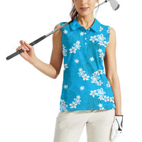 Hawaii Monstera Deliciosa Women Sleeveless Polo Shirt Blue Plumeria Polynesian Pattern LT05 - Polynesian Pride