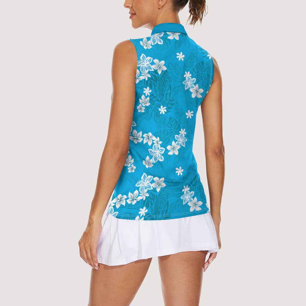 Hawaii Monstera Deliciosa Women Sleeveless Polo Shirt Blue Plumeria Polynesian Pattern LT05 - Polynesian Pride