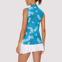 Hawaii Monstera Deliciosa Women Sleeveless Polo Shirt Blue Plumeria Polynesian Pattern LT05 - Polynesian Pride