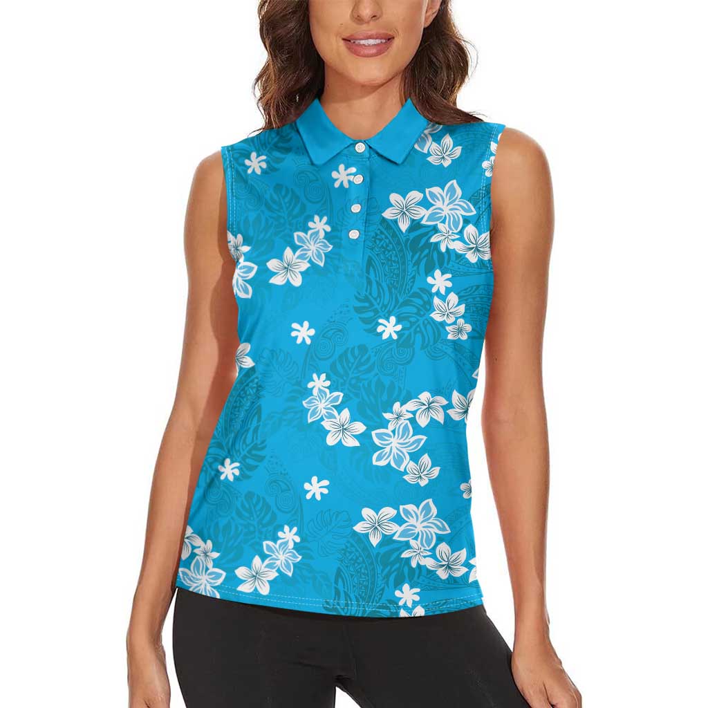 Hawaii Monstera Deliciosa Women Sleeveless Polo Shirt Blue Plumeria Polynesian Pattern LT05 - Polynesian Pride