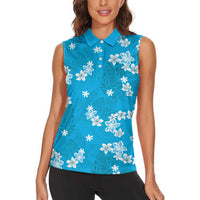 Hawaii Monstera Deliciosa Women Sleeveless Polo Shirt Blue Plumeria Polynesian Pattern LT05 - Polynesian Pride