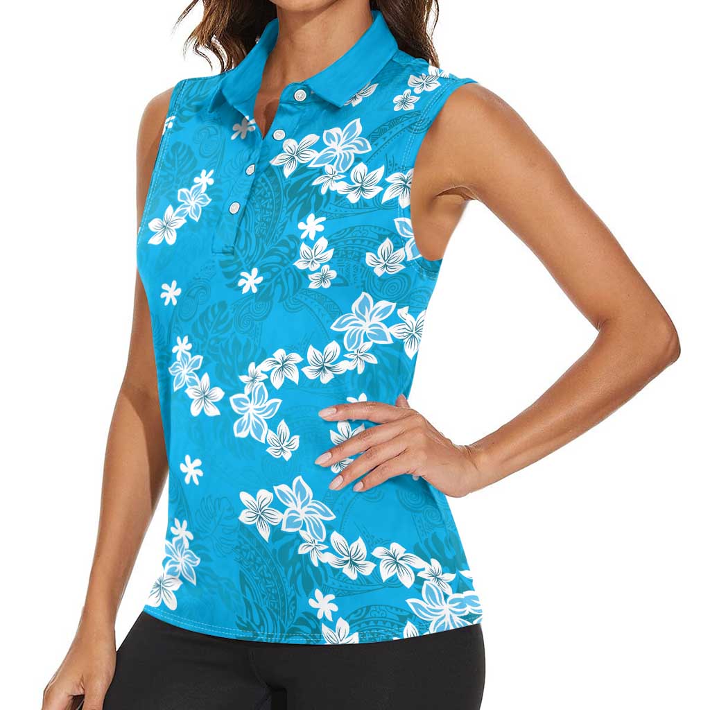 Hawaii Monstera Deliciosa Women Sleeveless Polo Shirt Blue Plumeria Polynesian Pattern LT05 - Polynesian Pride