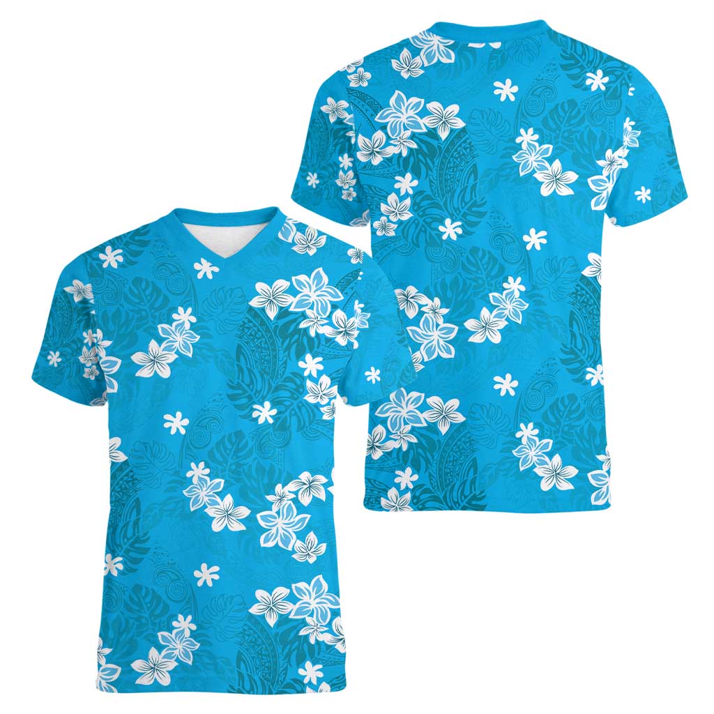 Hawaii Monstera Deliciosa Women V-Neck T-Shirt Blue Plumeria Polynesian Pattern - Polynesian Pride