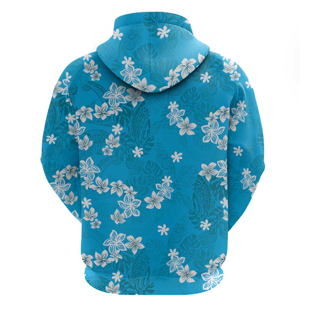 Hawaii Monstera Deliciosa Zip Hoodie Blue Plumeria Polynesian Pattern - Polynesian Pride