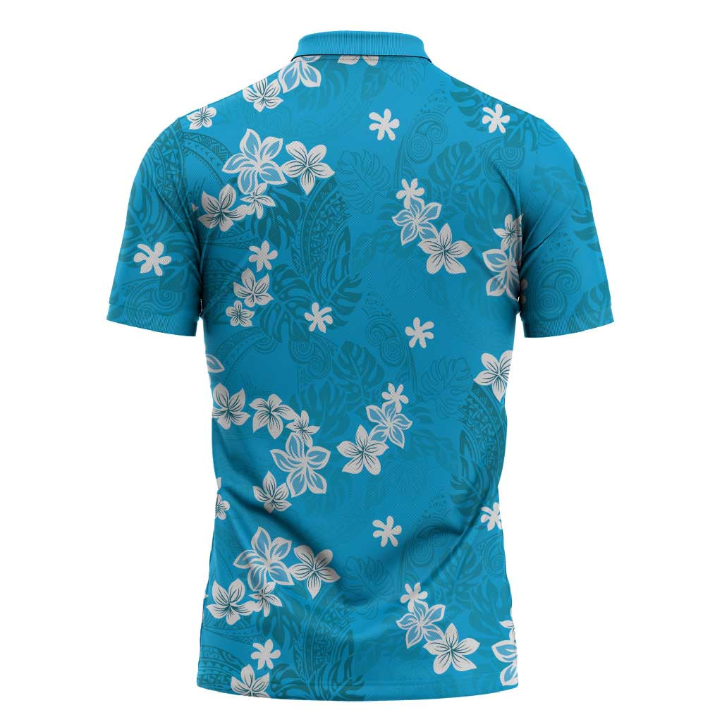 Hawaii Monstera Deliciosa Zipper Polo Shirt Blue Plumeria Polynesian Pattern LT05 - Polynesian Pride