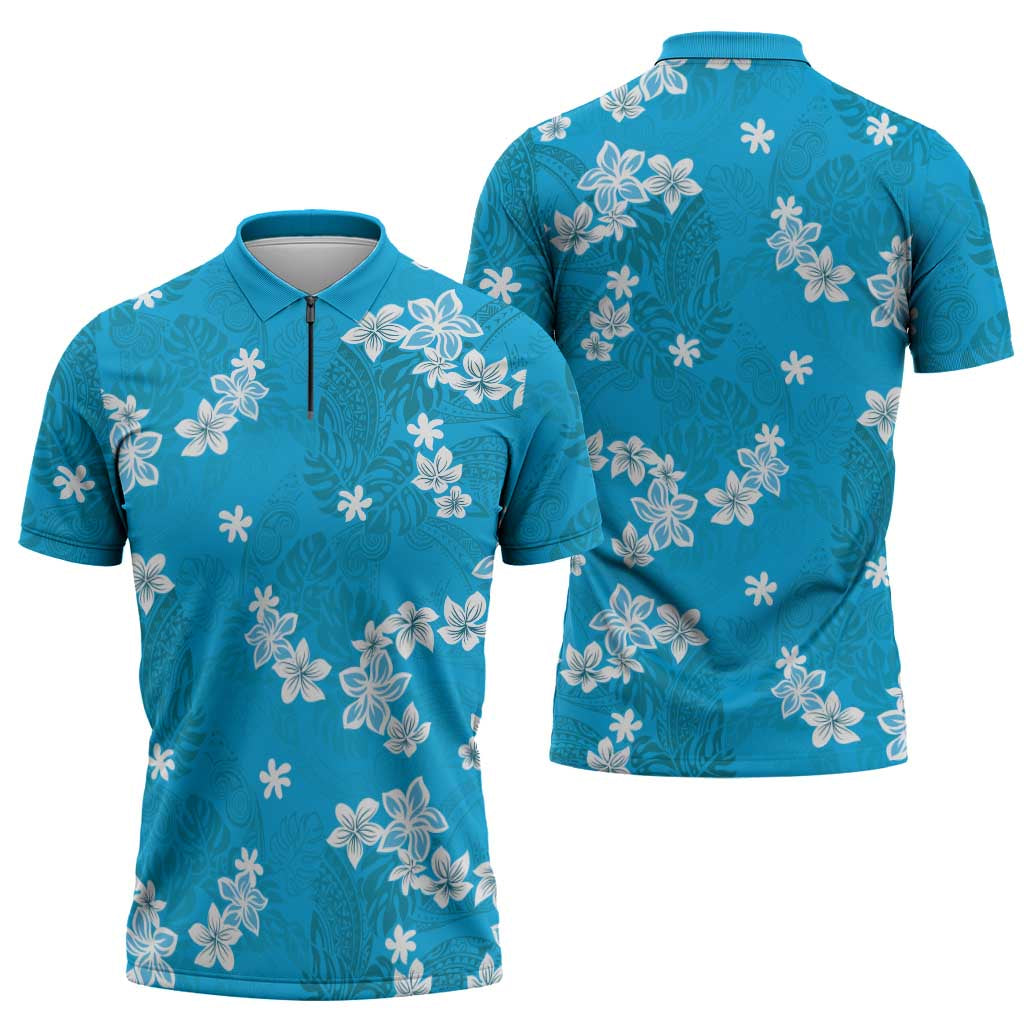 Hawaii Monstera Deliciosa Zipper Polo Shirt Blue Plumeria Polynesian Pattern LT05 - Polynesian Pride