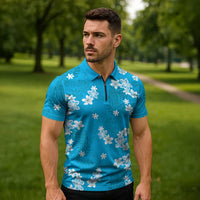 Hawaii Monstera Deliciosa Zipper Polo Shirt Blue Plumeria Polynesian Pattern LT05 - Polynesian Pride
