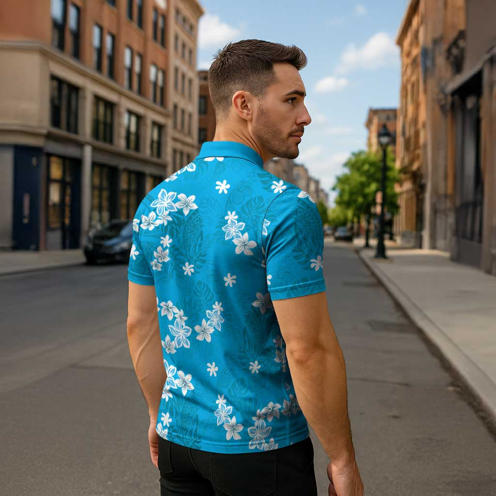 Hawaii Monstera Deliciosa Zipper Polo Shirt Blue Plumeria Polynesian Pattern LT05 - Polynesian Pride