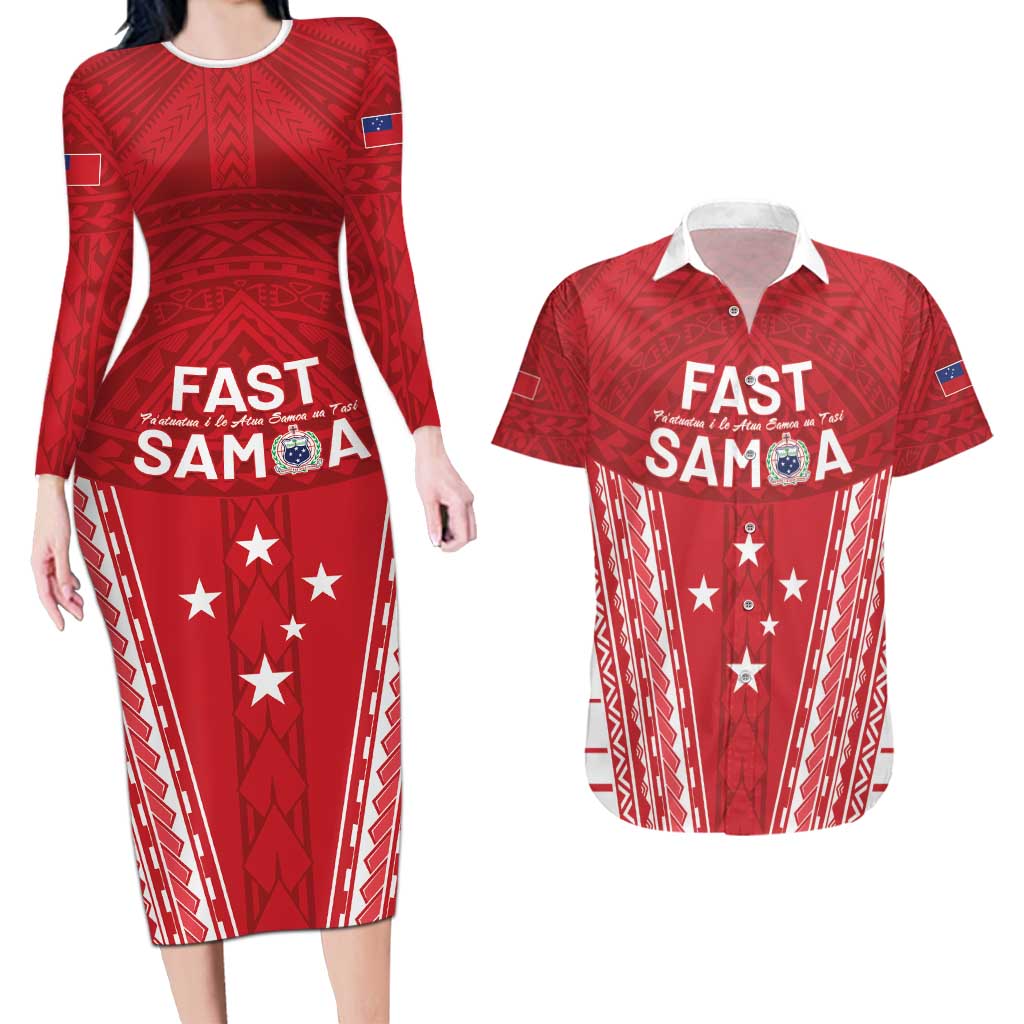 Samoa FAST Couples Matching Long Sleeve Bodycon Dress and Hawaiian Shirt Forever Proud Samoan Tribal Pattern LT05 Red - Polynesian Pride