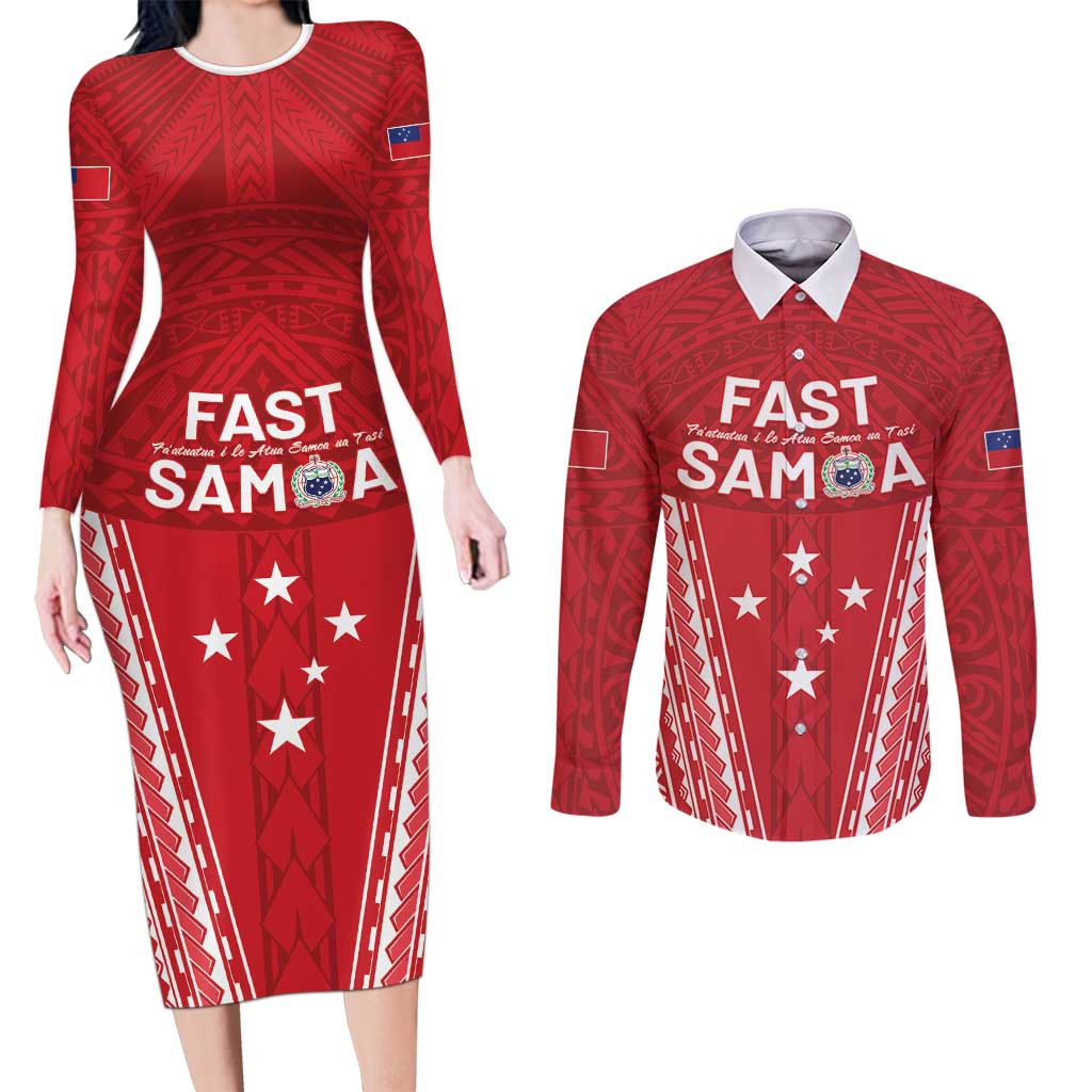 Samoa FAST Couples Matching Long Sleeve Bodycon Dress and Long Sleeve Button Shirt Forever Proud Samoan Tribal Pattern LT05 Red - Polynesian Pride