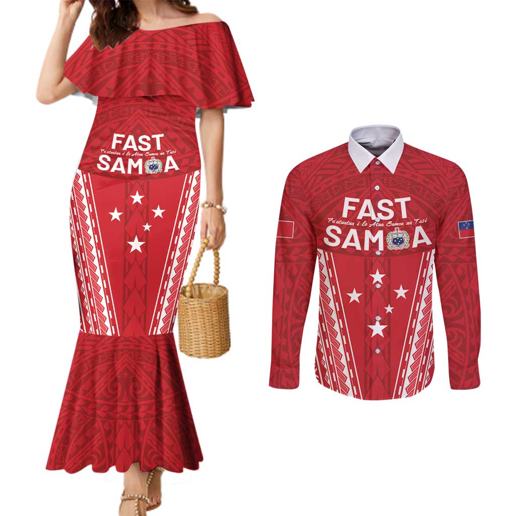 Samoa FAST Couples Matching Mermaid Dress and Long Sleeve Button Shirt Forever Proud Samoan Tribal Pattern LT05 Red - Polynesian Pride