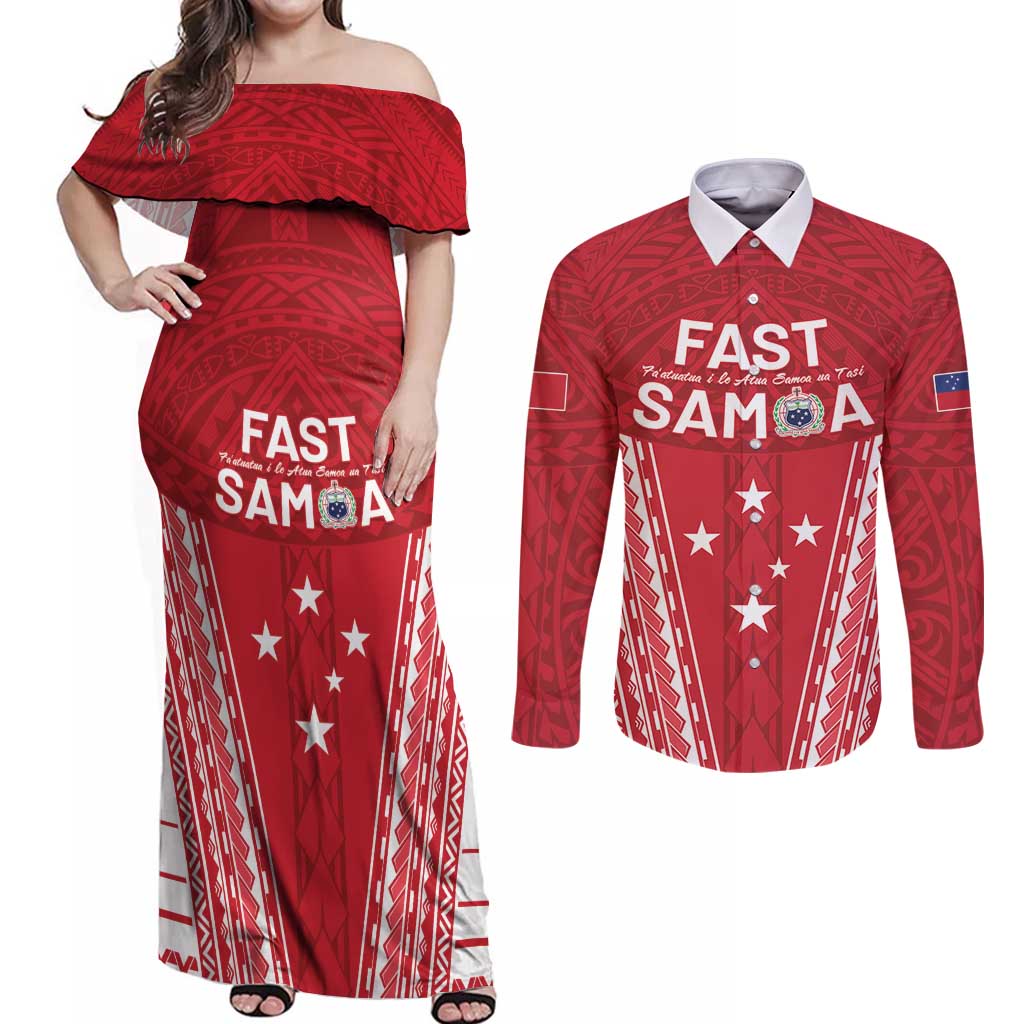 Samoa FAST Couples Matching Off Shoulder Maxi Dress and Long Sleeve Button Shirt Forever Proud Samoan Tribal Pattern LT05 Red - Polynesian Pride
