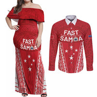 Samoa FAST Couples Matching Off Shoulder Maxi Dress and Long Sleeve Button Shirt Forever Proud Samoan Tribal Pattern LT05 Red - Polynesian Pride