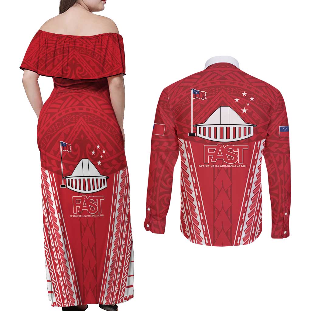 Samoa FAST Couples Matching Off Shoulder Maxi Dress and Long Sleeve Button Shirt Forever Proud Samoan Tribal Pattern LT05 - Polynesian Pride