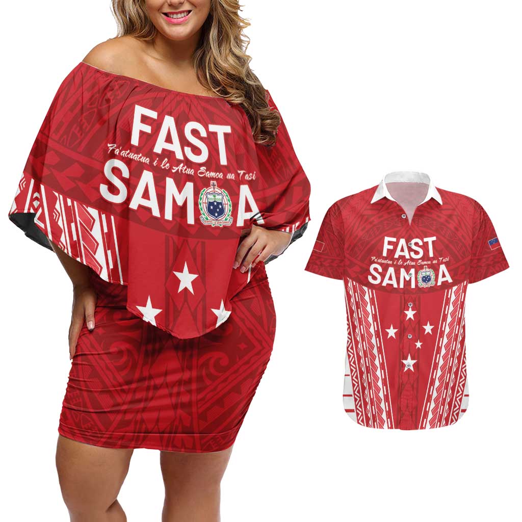 Samoa FAST Couples Matching Off Shoulder Short Dress and Hawaiian Shirt Forever Proud Samoan Tribal Pattern LT05 Red - Polynesian Pride