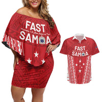 Samoa FAST Couples Matching Off Shoulder Short Dress and Hawaiian Shirt Forever Proud Samoan Tribal Pattern LT05 Red - Polynesian Pride