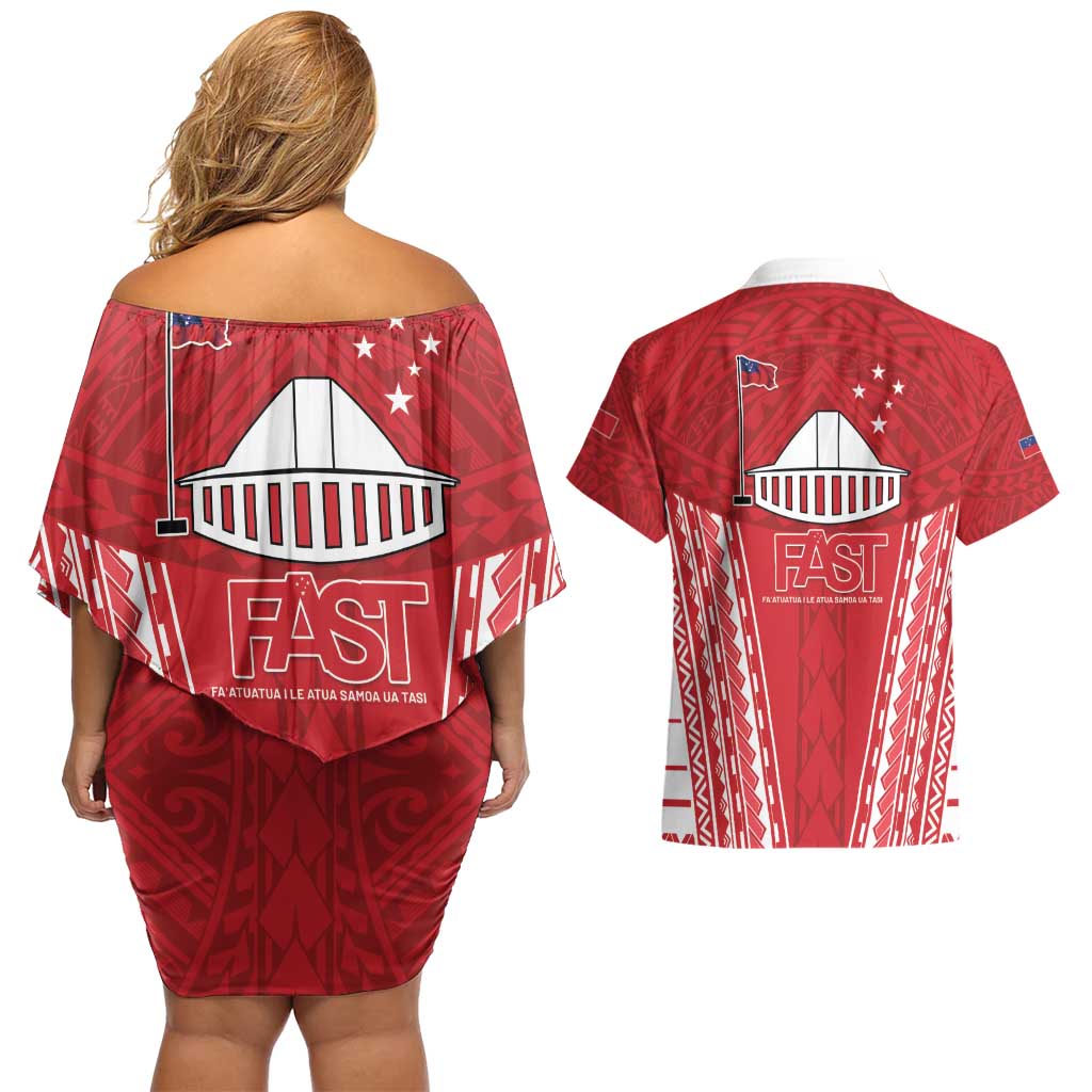 Samoa FAST Couples Matching Off Shoulder Short Dress and Hawaiian Shirt Forever Proud Samoan Tribal Pattern LT05 - Polynesian Pride