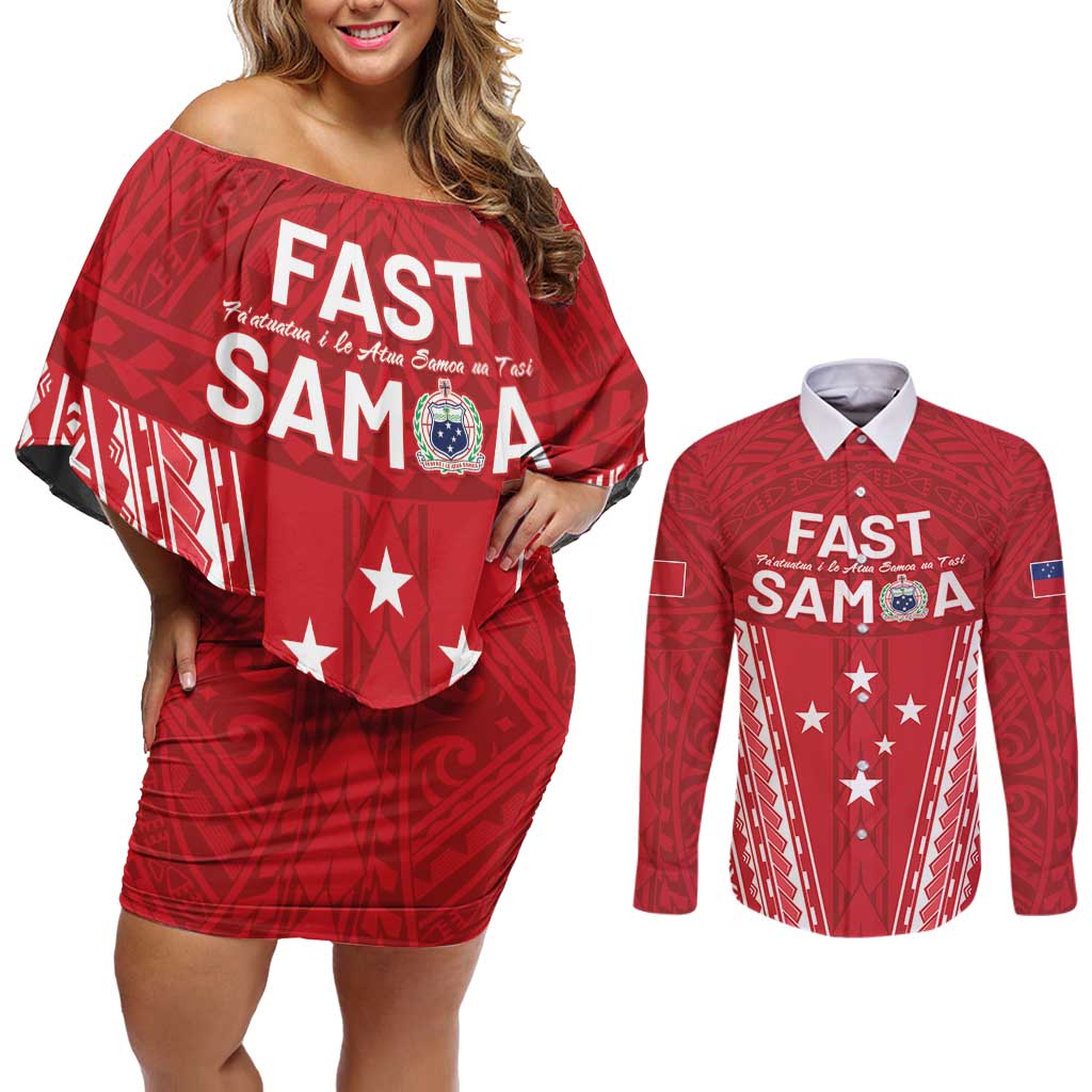 Samoa FAST Couples Matching Off Shoulder Short Dress and Long Sleeve Button Shirt Forever Proud Samoan Tribal Pattern LT05 Red - Polynesian Pride