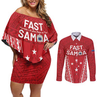 Samoa FAST Couples Matching Off Shoulder Short Dress and Long Sleeve Button Shirt Forever Proud Samoan Tribal Pattern LT05 Red - Polynesian Pride