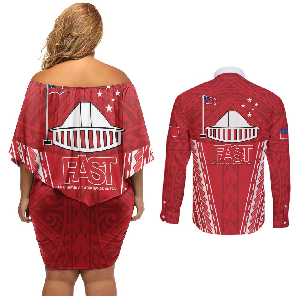 Samoa FAST Couples Matching Off Shoulder Short Dress and Long Sleeve Button Shirt Forever Proud Samoan Tribal Pattern LT05 - Polynesian Pride