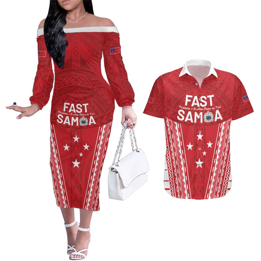 Samoa FAST Couples Matching Off The Shoulder Long Sleeve Dress and Hawaiian Shirt Forever Proud Samoan Tribal Pattern LT05 Red - Polynesian Pride