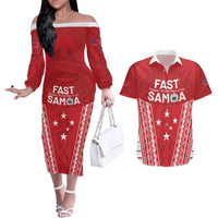 Samoa FAST Couples Matching Off The Shoulder Long Sleeve Dress and Hawaiian Shirt Forever Proud Samoan Tribal Pattern LT05 Red - Polynesian Pride