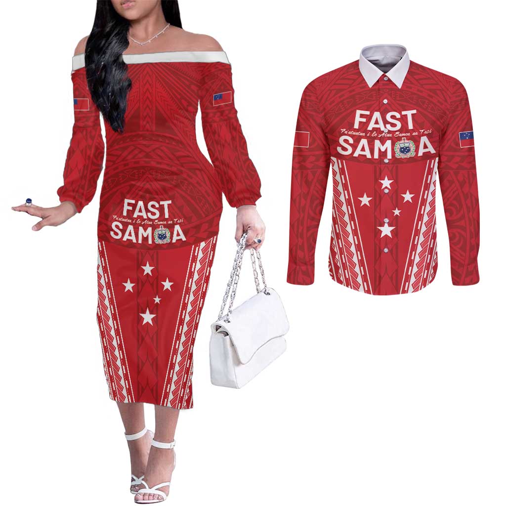 Samoa FAST Couples Matching Off The Shoulder Long Sleeve Dress and Long Sleeve Button Shirt Forever Proud Samoan Tribal Pattern LT05 Red - Polynesian Pride