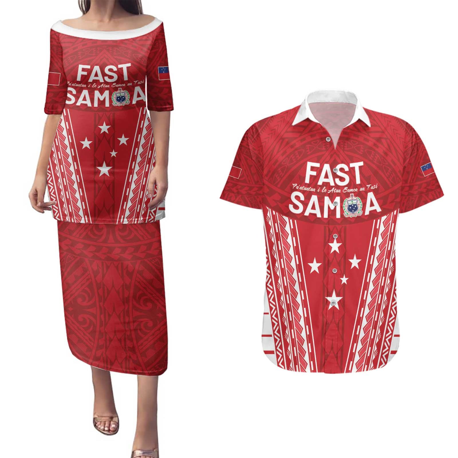 Samoa FAST Couples Matching Puletasi and Hawaiian Shirt Forever Proud Samoan Tribal Pattern LT05 Red - Polynesian Pride