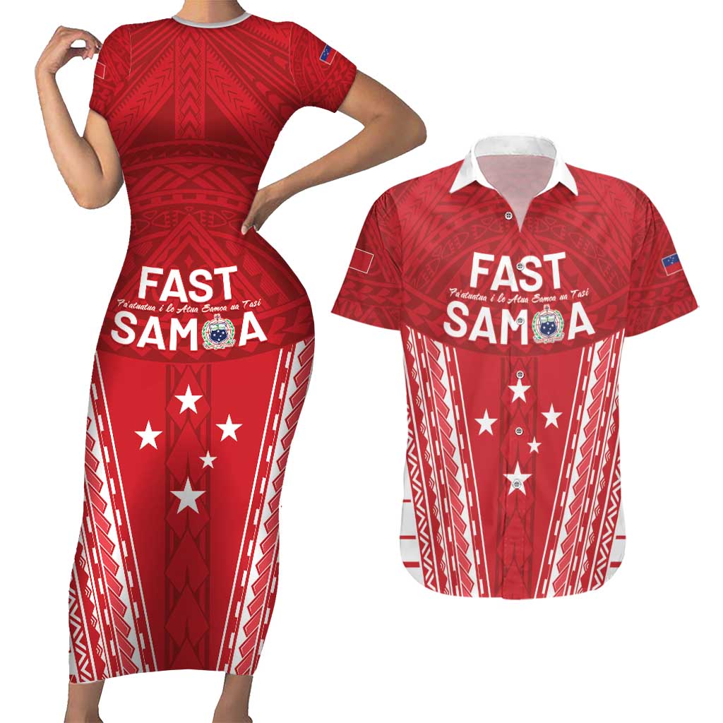 Samoa FAST Couples Matching Short Sleeve Bodycon Dress and Hawaiian Shirt Forever Proud Samoan Tribal Pattern LT05 Red - Polynesian Pride