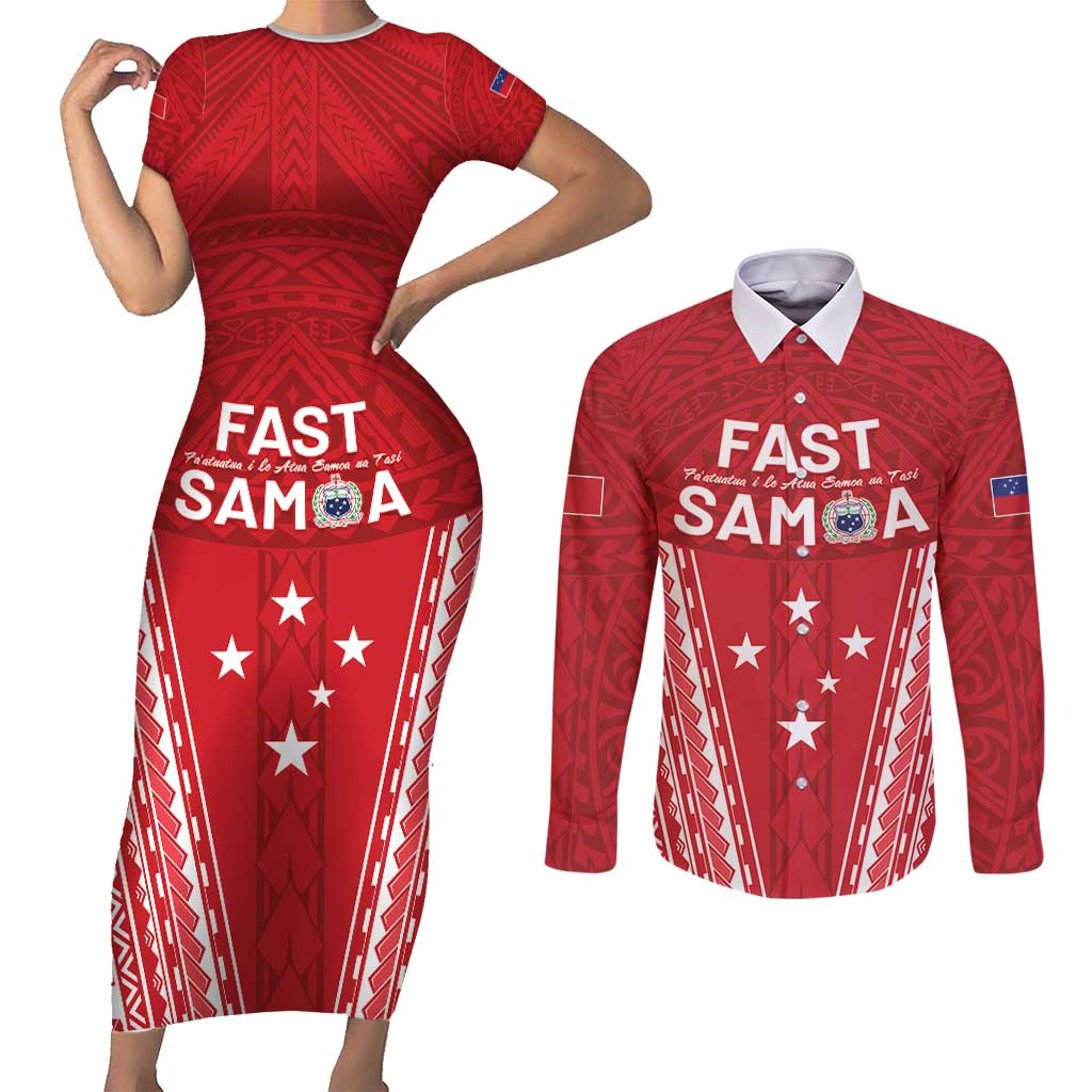 Samoa FAST Couples Matching Short Sleeve Bodycon Dress and Long Sleeve Button Shirt Forever Proud Samoan Tribal Pattern LT05 Red - Polynesian Pride