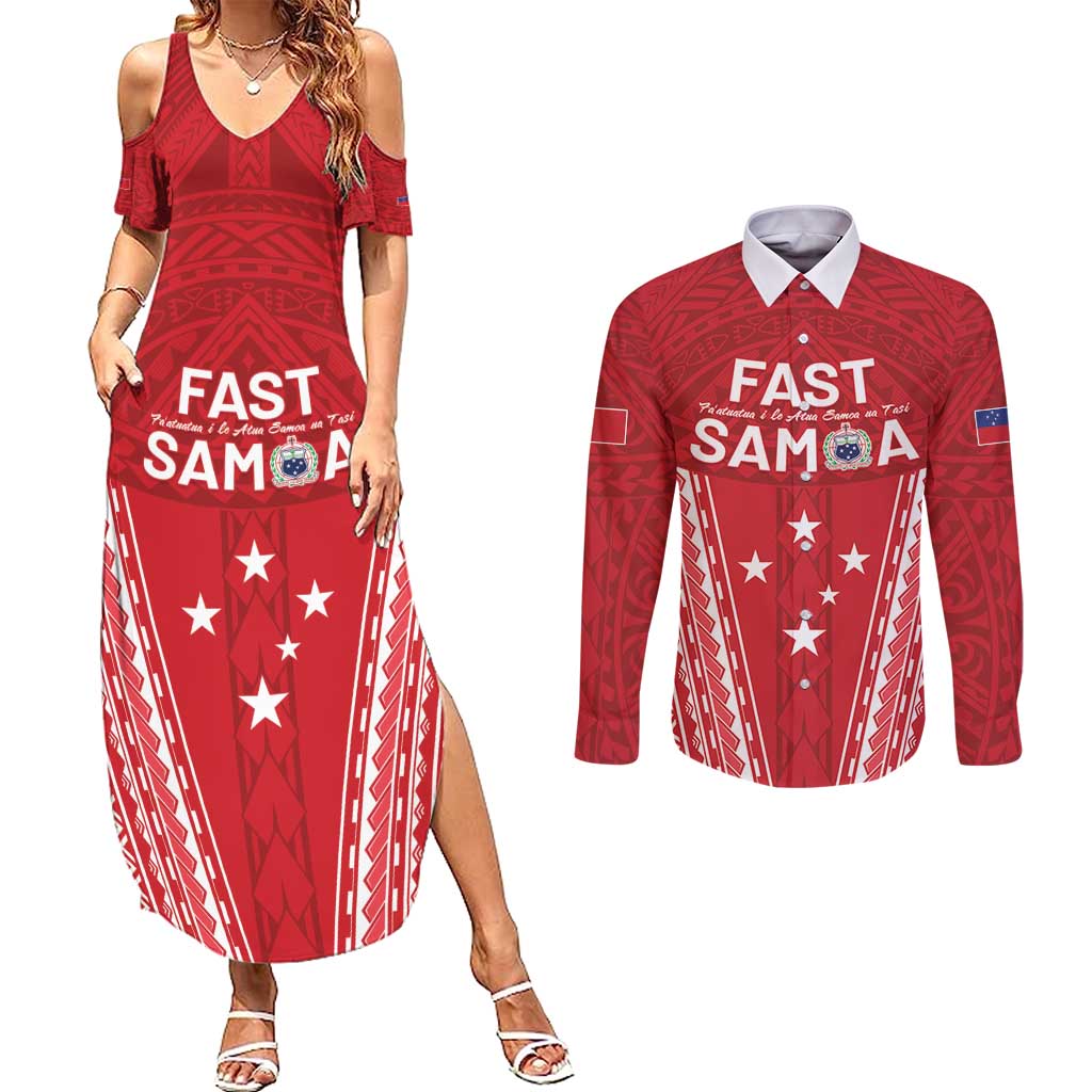 Samoa FAST Couples Matching Summer Maxi Dress and Long Sleeve Button Shirt Forever Proud Samoan Tribal Pattern LT05 Red - Polynesian Pride