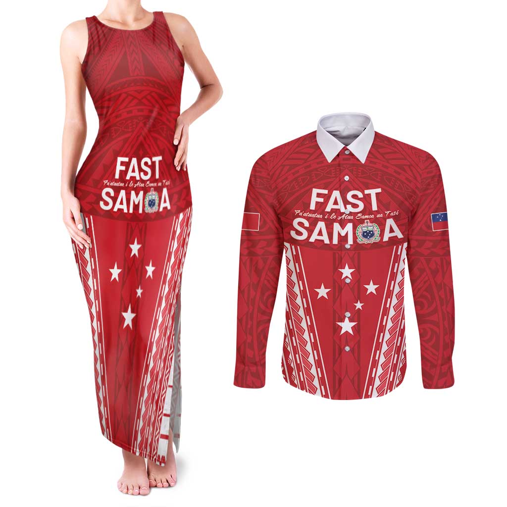 Samoa FAST Couples Matching Tank Maxi Dress and Long Sleeve Button Shirt Forever Proud Samoan Tribal Pattern LT05 Red - Polynesian Pride