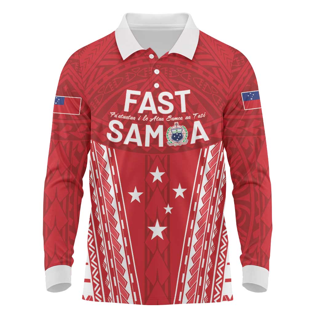 Samoa FAST Long Sleeve Polo Shirt Forever Proud Samoan Tribal Pattern LT05 Red - Polynesian Pride