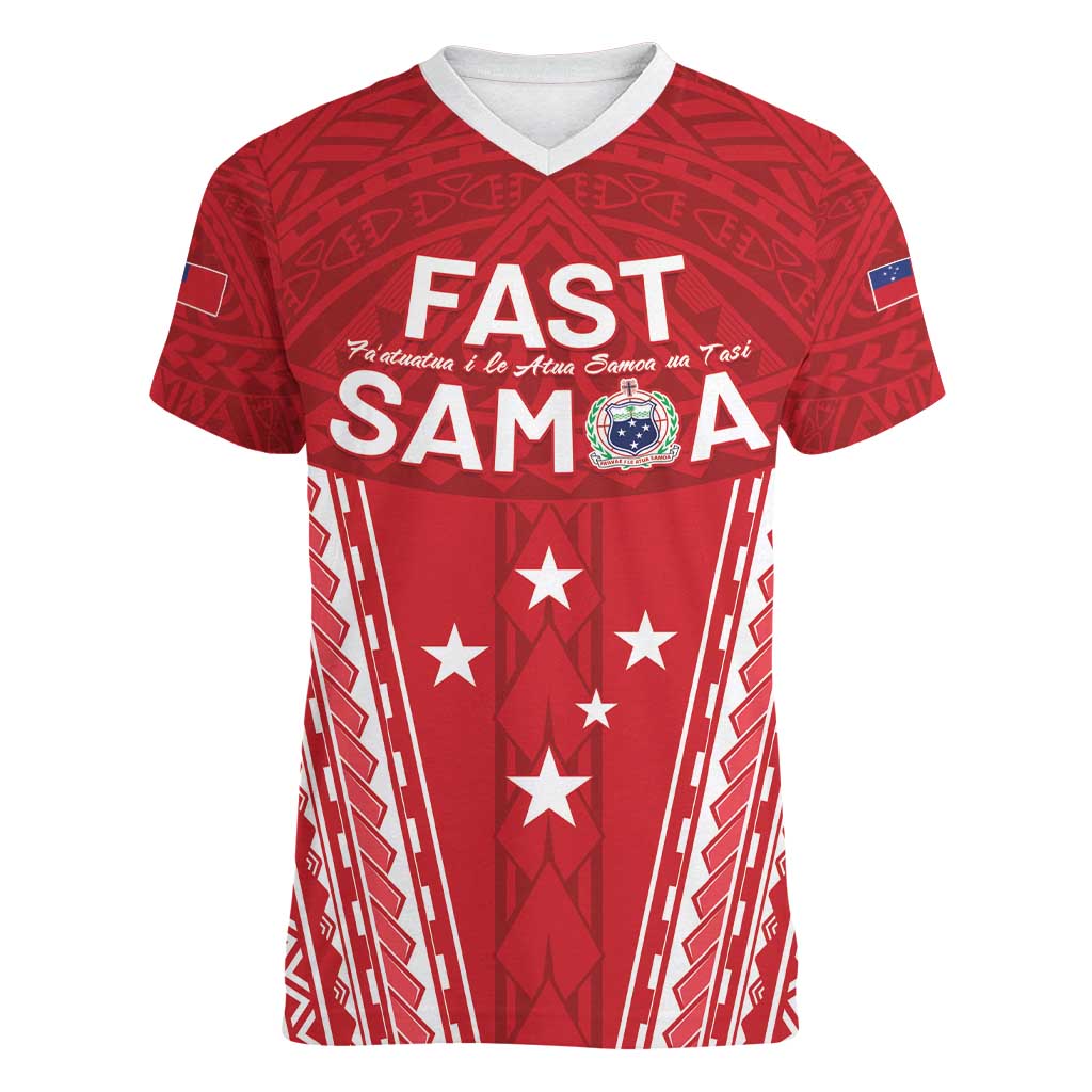 Samoa FAST Women V-Neck T-Shirt Forever Proud Samoan Tribal Pattern - Polynesian Pride