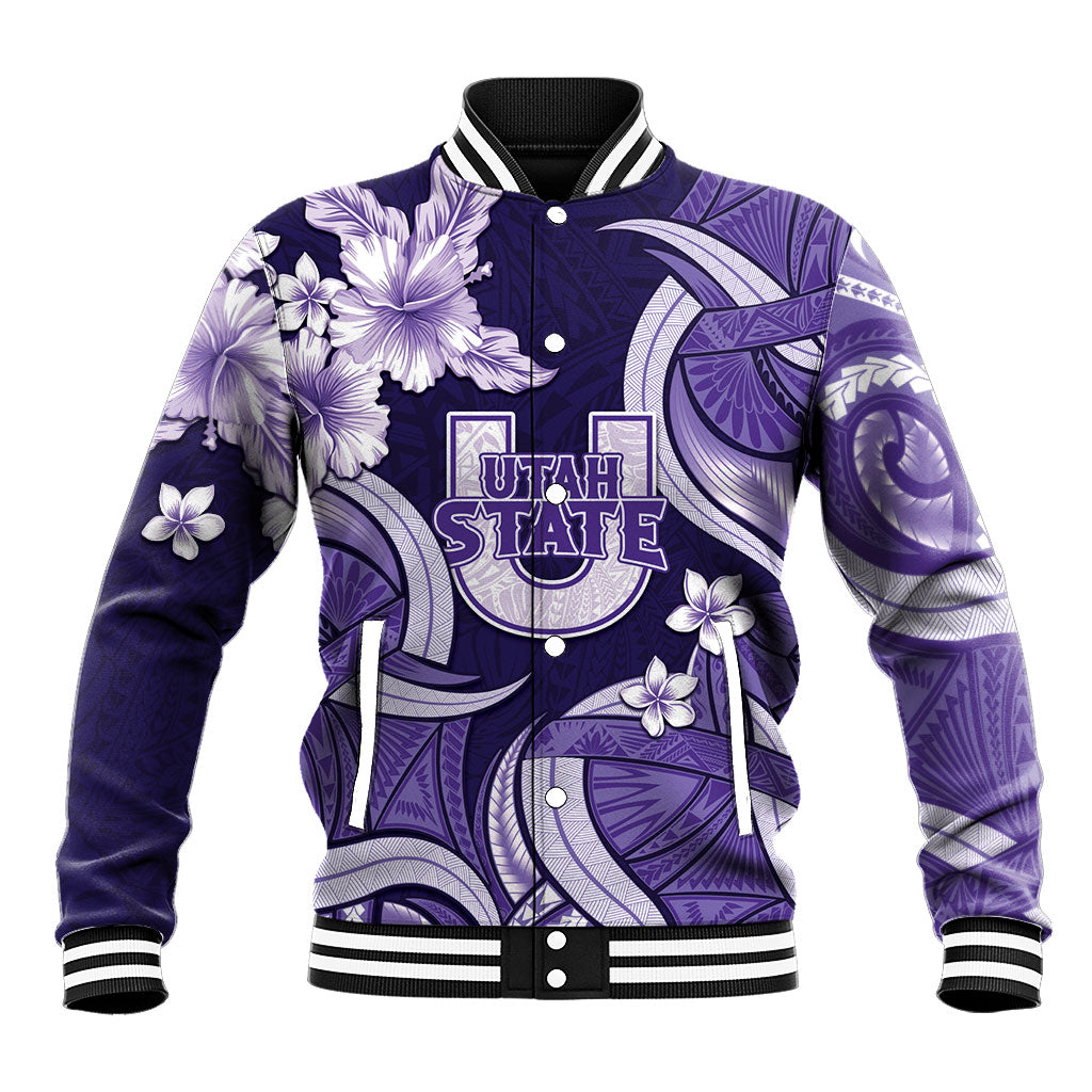 Utah State Polynesian Heritage Baseball Jacket Floral Tribal Pattern Tropical Flowers LT05 Unisex Purple - Polynesian Pride