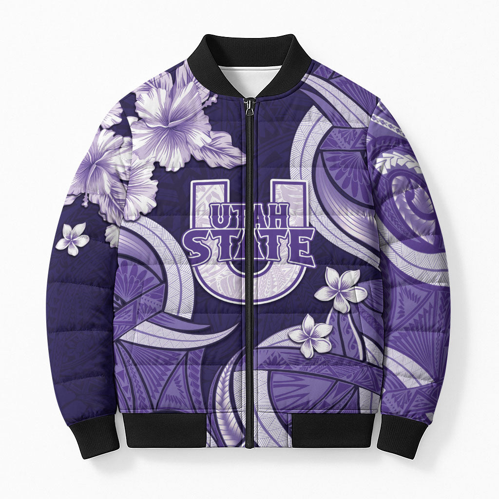 Utah State Polynesian Heritage Bomber Puffer Jacket Floral Tribal Pattern Tropical Flowers LT05 Unisex Purple - Polynesian Pride