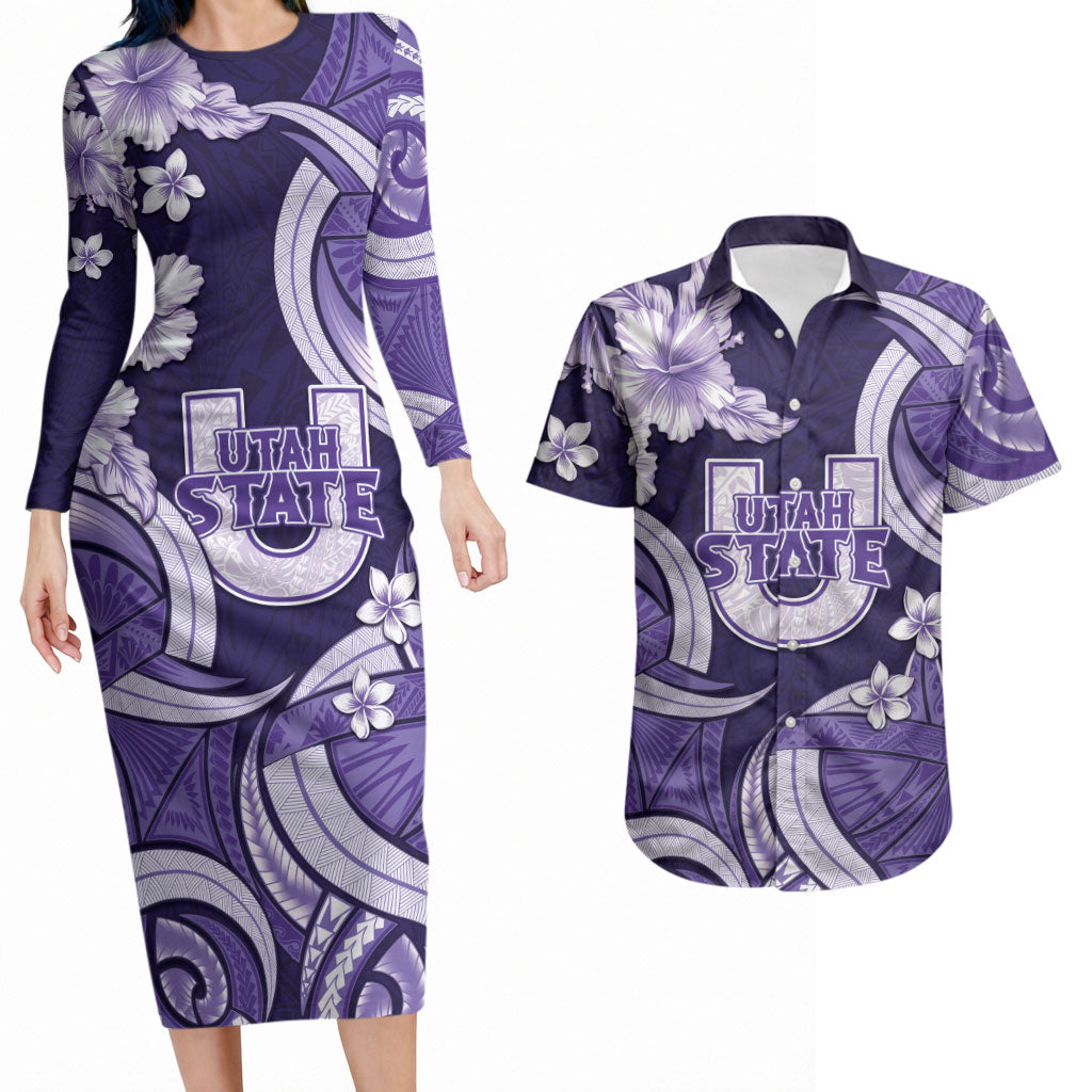 Utah State Polynesian Heritage Couples Matching Long Sleeve Bodycon Dress and Hawaiian Shirt Floral Tribal Pattern Tropical Flowers