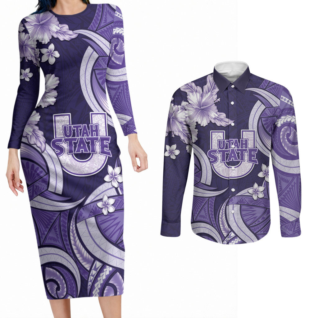 Utah State Polynesian Heritage Couples Matching Long Sleeve Bodycon Dress and Long Sleeve Button Shirt Floral Tribal Pattern Tropical Flowers