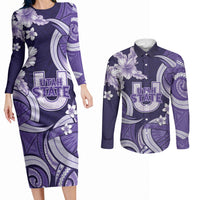 Utah State Polynesian Heritage Couples Matching Long Sleeve Bodycon Dress and Long Sleeve Button Shirt Floral Tribal Pattern Tropical Flowers LT05 Purple - Polynesian Pride