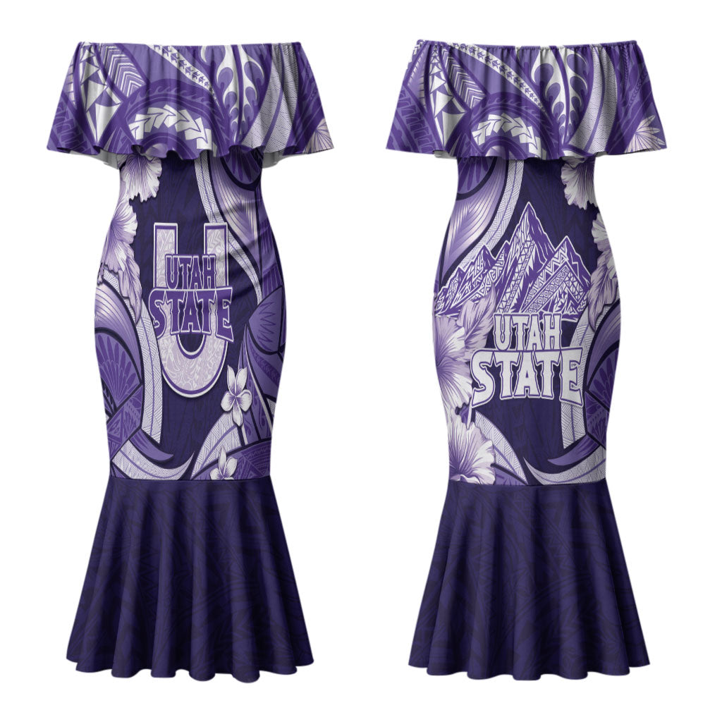 Utah State Polynesian Heritage Couples Matching Mermaid Dress and Long Sleeve Button Shirt Floral Tribal Pattern Tropical Flowers LT05 - Polynesian Pride