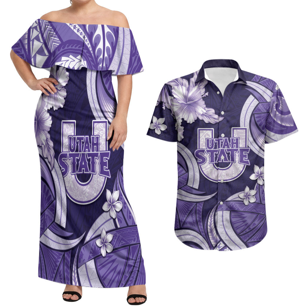 Utah State Polynesian Heritage Couples Matching Off Shoulder Maxi Dress and Hawaiian Shirt Floral Tribal Pattern Tropical Flowers LT05 Purple - Polynesian Pride