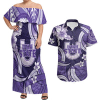 Utah State Polynesian Heritage Couples Matching Off Shoulder Maxi Dress and Hawaiian Shirt Floral Tribal Pattern Tropical Flowers LT05 Purple - Polynesian Pride