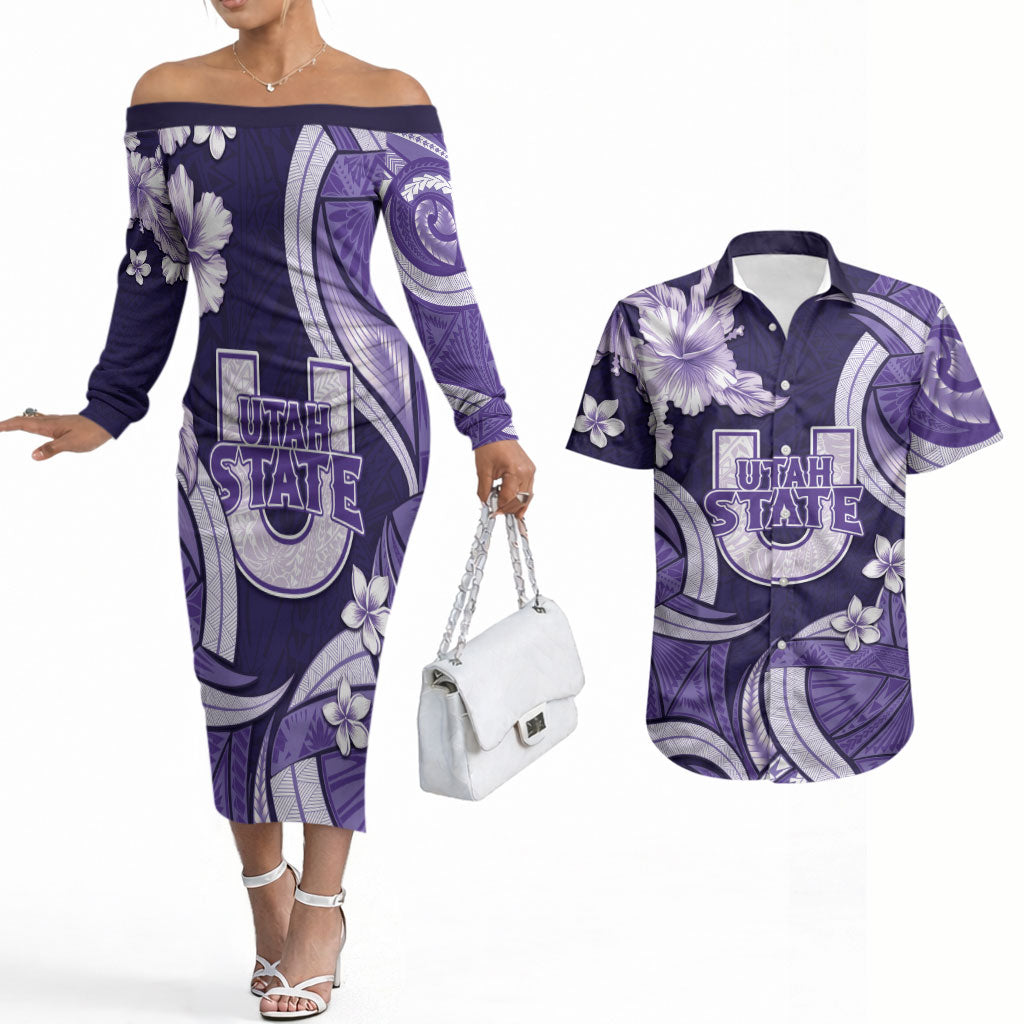 Utah State Polynesian Heritage Couples Matching Off The Shoulder Long Sleeve Dress and Hawaiian Shirt Floral Tribal Pattern Tropical Flowers LT05 Purple - Polynesian Pride