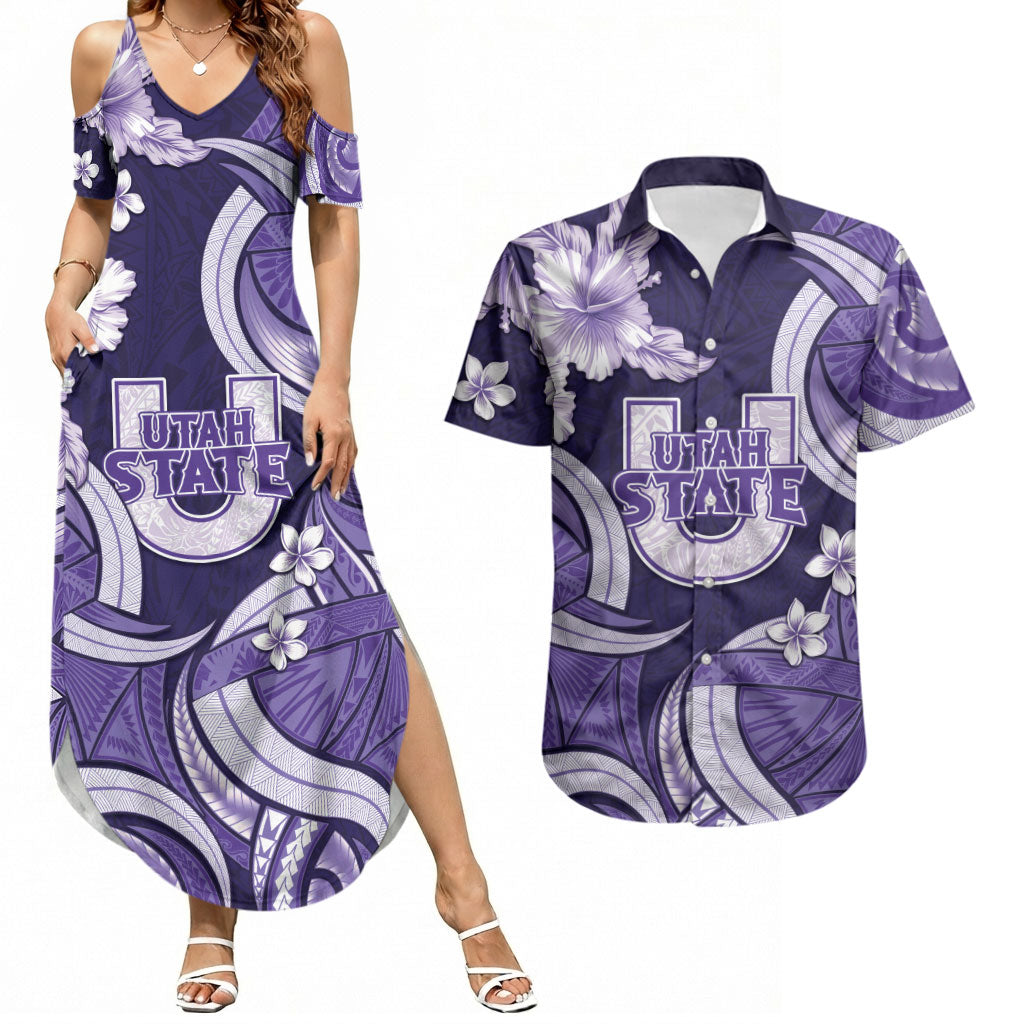 Utah State Polynesian Heritage Couples Matching Summer Maxi Dress and Hawaiian Shirt Floral Tribal Pattern Tropical Flowers LT05 Purple - Polynesian Pride