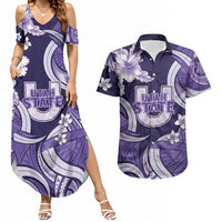 Utah State Polynesian Heritage Couples Matching Summer Maxi Dress and Hawaiian Shirt Floral Tribal Pattern Tropical Flowers LT05 Purple - Polynesian Pride