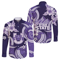 Utah State Polynesian Heritage Family Matching Off Shoulder Short Dress and Hawaiian Shirt Floral Tribal Pattern Tropical Flowers LT05 Dad's Shirt - Long Sleeve Purple - Polynesian Pride